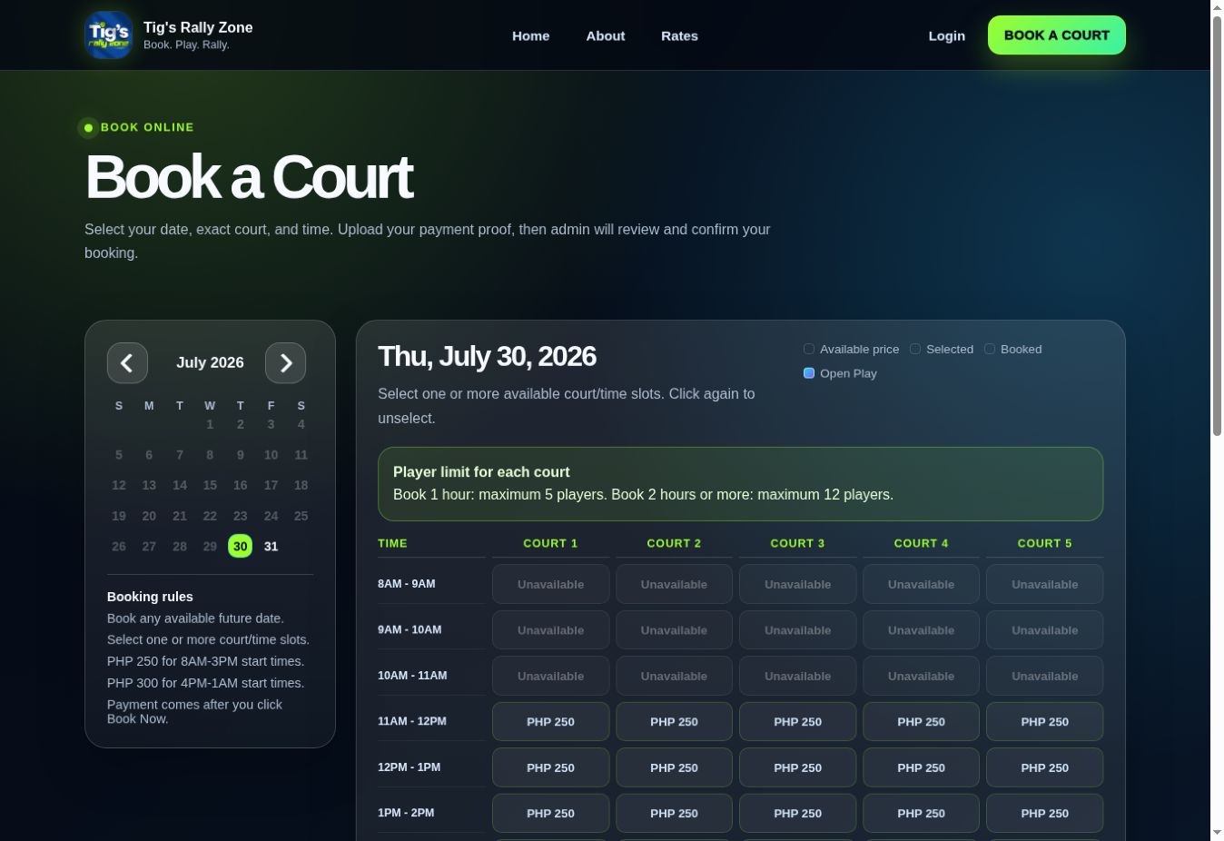 Live Tig's Rally Zone booking page showing the calendar and five-court availability grid